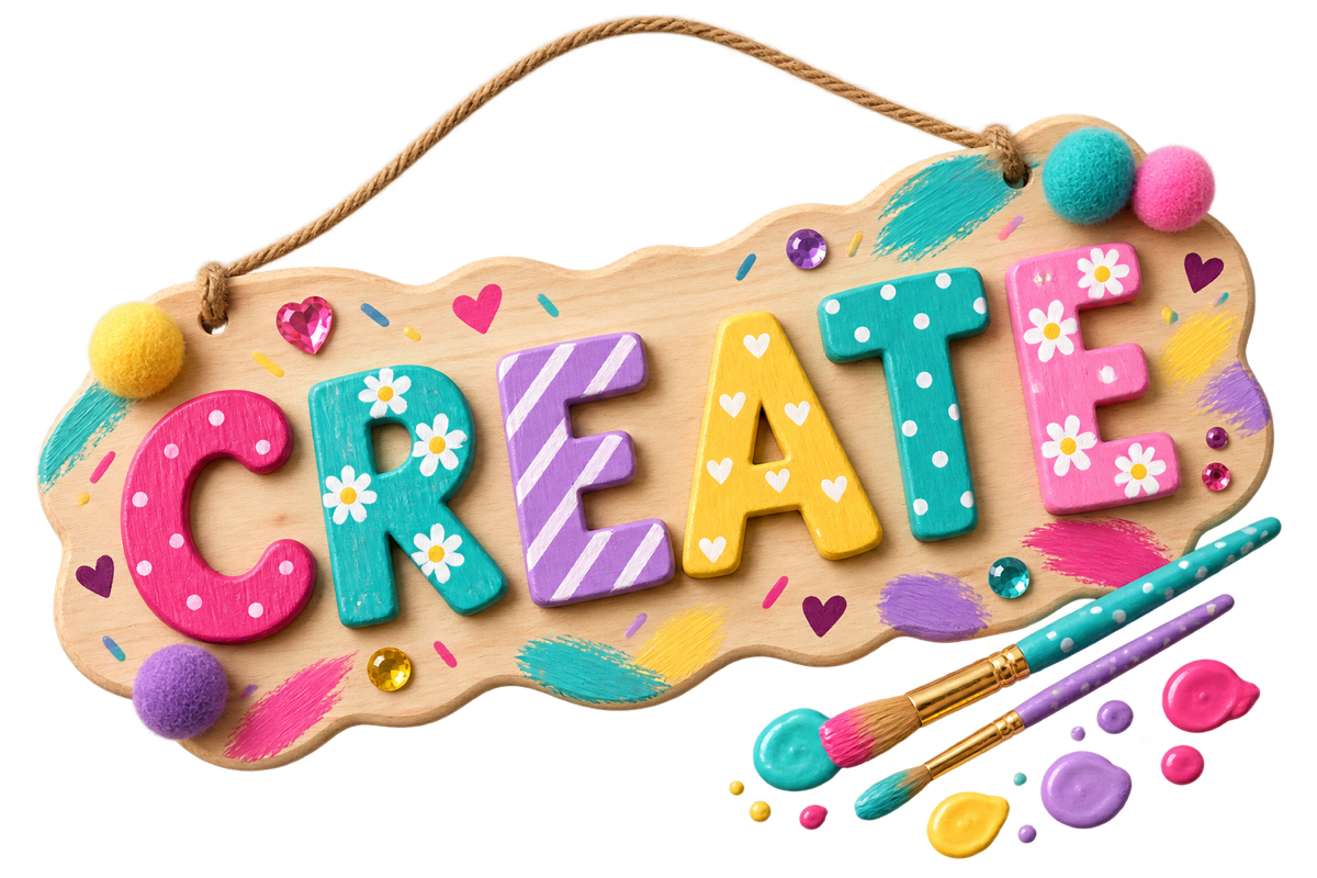 Completed colorful CREATE name sign shown as design inspiration
