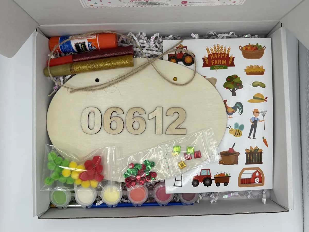 Actual Farm kit with a 06612 number plaque, farm stickers, paints, and decorations