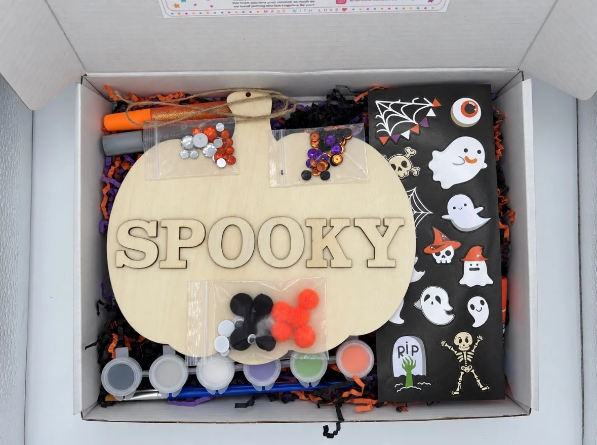 Personalized Name Sign Craft Kit for Kids – Halloween kit example with unfinished wood pieces and craft supplies